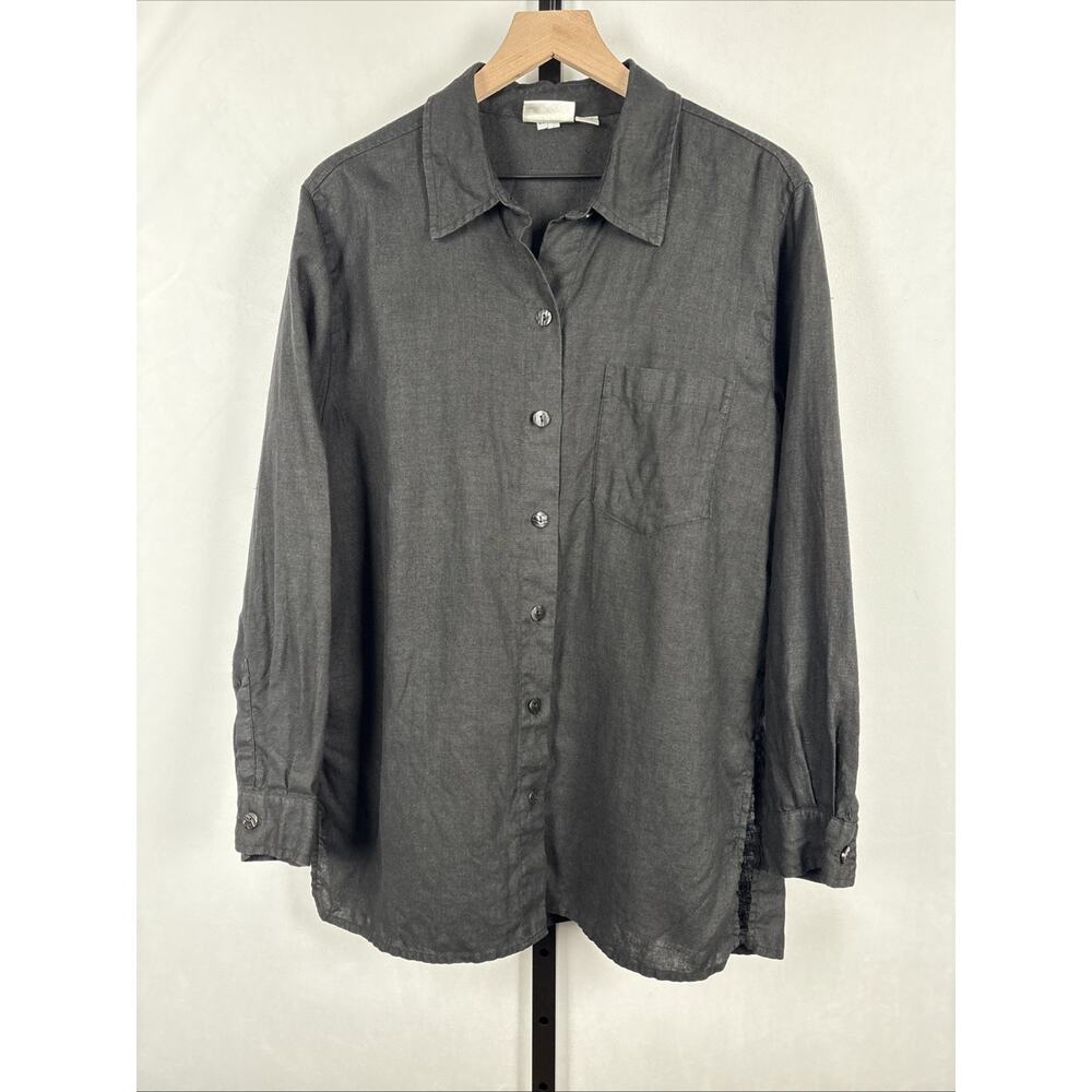 Chico's Design Linen Button Down Tunic Shirt Women's Large Black Minimalist Top